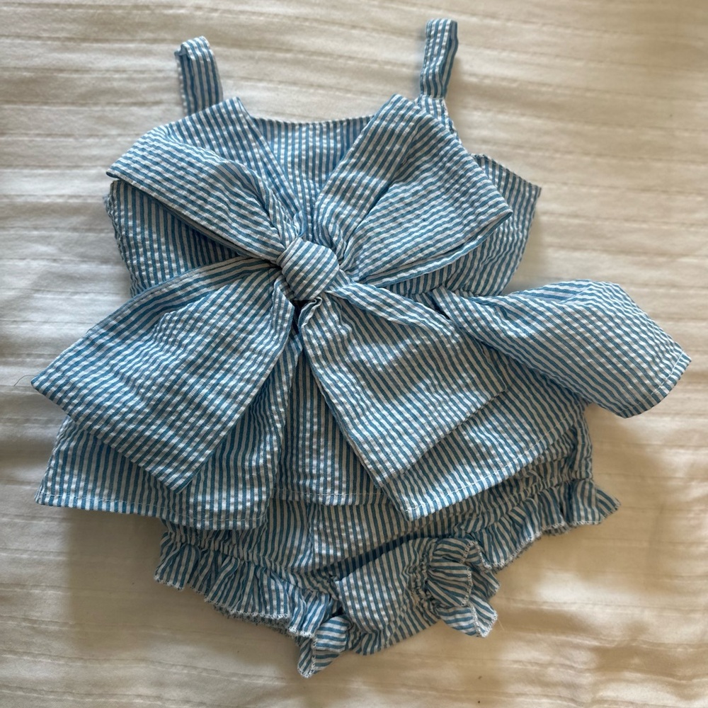 Blue & White Seersucker Bow Front Baby Set